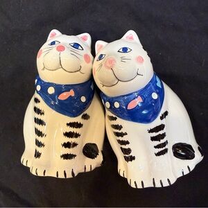 Charming Ceramic Cat Figurines with Blue and Pink Accents